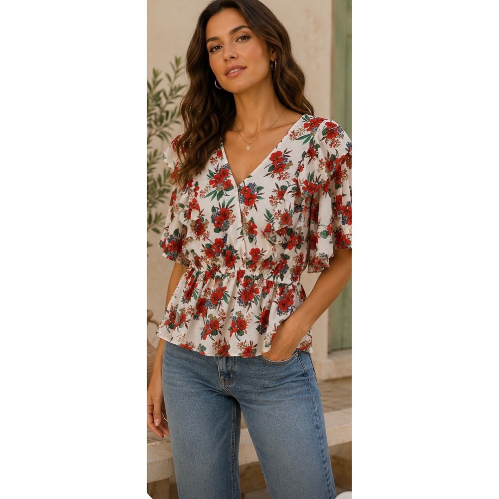 Fabrik Women Red Floral Peplum Ruffle V-Neck Blouse Flutter Sleeve AT11854 L